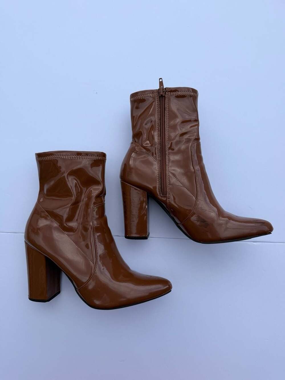 Wild Pair Becci Cognac Patent Sock Booties Chunk Block Heel Pointed Toe Size 8
